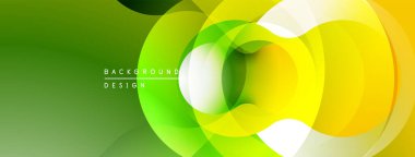 Soyut dairesel şekiller örtüşüyor, parlak yeşil, sarı renkler yaratıyor. Arkaplan, pankart ve sunumlar için modern tasarım ögesi.