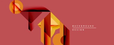 Soyut geometrik tasarım katmanlı şekiller, sıcak renk paleti. Kırmızı zemin turuncu ve sarı elementleri tamamlar ve modern görsel etki yaratır. Minimalist stil.