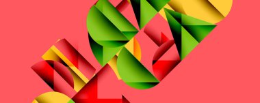 Soyut geometrik şekiller örtüşür ve canlı bir bileşim yaratır. Kırmızı, yeşil, sarı renkler pembe arkaplana hakim. Modern tasarım.