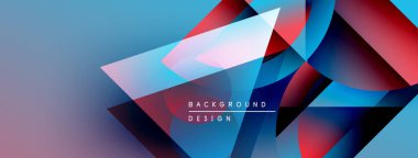 Soyut geometrik şekiller canlı maviler, kırmızılar, pembeler harmanlarlar. Modern tasarım katmanlı çokgenler, gradyanlar, metin ögeleri içerir.