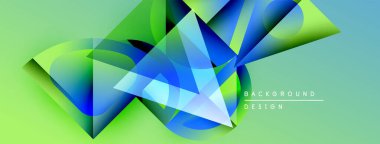 Soyut geometrik şekiller örtüşür, dinamik görsel efekt yaratır. Mavi, yeşil renkler kompozisyona hakim. Modern tasarım ögesi.