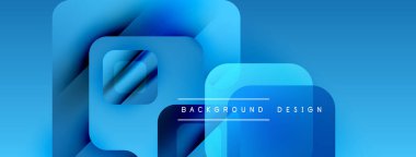 Soyut mavi şekiller örtüşüyor ve dinamik bir zemin oluşturuyor. Modern tasarım, gradyanlar, gölgeler, metin elementleri içerir. Temiz, minimalist estetik.