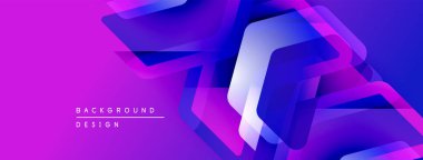 Soyut geometrik şekiller örtüşüyor, canlı mor ve mavi renkler yaratıyor. Modern tasarım elementleri teknoloji ve yenilik öneriyor.