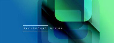 Soyut geometrik şekiller mavileri, yeşillikleri harmanlıyor. Katmanlı dikdörtgenler dinamik görsel efekt yaratır. Metin arkaplan tasarımı okur.