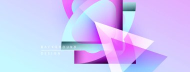Soyut geometrik şekiller çakışıyor. Değişik renkler. Mor, mavi, pembe. Modern tasarım teknoloji, yenilik, yaratıcılık öneriyor. Minimalist estetik.