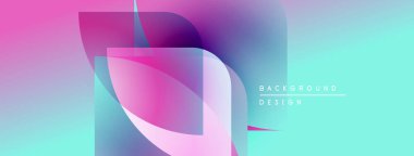 Soyut geometrik şekiller örtüşüyor, canlı renk eğimleri yaratıyor. Pembe, mor, turkuaz karışımı pürüzsüz. Modern tasarım ögesi.