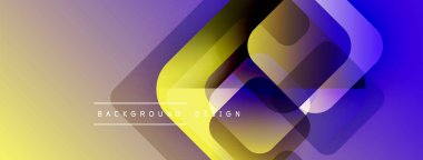 Soyut geometrik şekiller örtüşür, canlı bir gradyan arkaplan oluşturur. Sarılar, morlar tasarıma egemen, modern estetik..