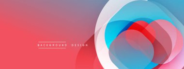 Soyut tasarım özellikleri üst üste binen daireler, gradyanlar. Kırmızı, mavi renkler kompozisyona hakim. Modern estetik, temiz çizgiler sunar.