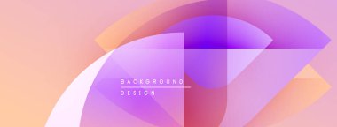Soyut geometrik şekiller örtüşüyor, canlı renk eğimleri yaratıyor. Şeftali, mor renkler dizaynın hakimidir. Mevcut en küçük metin.