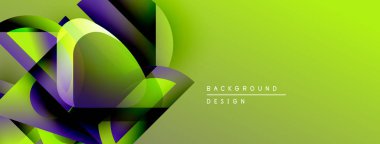Soyut geometrik şekiller canlı yeşil, mor renkleri harmanlarlar. Modern tasarım dinamik görsel etki yaratır, mükemmel arkaplan ögesi.