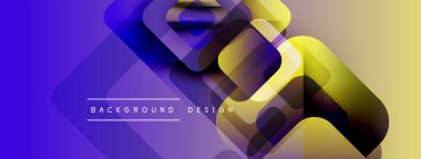 Soyut geometrik şekiller örtüşür, canlı bir gradyan arkaplan oluşturur. Mor, mavi, sarı renkler tasarımda baskın. Modern estetik.