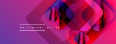 Soyut geometrik şekiller örtüşüyor, canlı mor, pembe, kırmızı renkler yaratıyor. Modern tasarım elementleri teknoloji ve yenilik öneriyor.