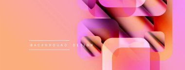 Soyut geometrik şekiller örtüşüyor, canlı renk eğimleri yaratıyor. Şeftali arkaplanı pembeleri, morları, beyazları tamamlar. Modern tasarım elemanları.