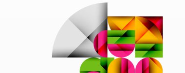 Soyut geometrik bileşim. Şekiller örtüşüyor, canlı renk kalıpları yaratıyor. Modern tasarım, temiz çizgiler, minimalist estetik.