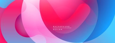 Soyut renkli şekiller örtüşüyor, canlı gradyanlar yaratıyor. Pembe, mavi renkler dizaynın baskın rengidir, akıcılığı ve hareketi gösterir..