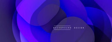 Soyut mor katmanlar dinamik arkaplan yaratır. Modern tasarım üst üste binen daireler, gradyanlar, metin elementleri içerir. Yumuşak geçişler, canlı renkler.