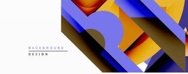 Soyut geometrik bileşim. Üst üste binen katmanlar derinlik yaratır, canlı turuncu, mavi, kahverengi renkler kullanır. Arkaplan ve sunumlar için modern tasarım ögesi.