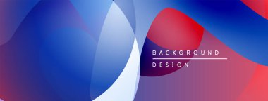 Soyut sıvı şekilleri örtüşür, parlak mavi ve kırmızı renkler yaratır. Modern tasarım pürüzsüz geçişleri, dinamik bileşimi vurgular.