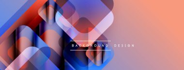 Soyut geometrik şekiller örtüşür, canlı gradyanlar yaratır. Mavi, mor, kırmızı renkler şeftali rengine karışıyor. Modern tasarım ögesi.