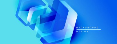 Soyut mavi geometrik şekiller kesişir. Gradyan arkaplan derinlik yaratır, modern tasarım ögesi. Minimalist tarz, temiz estetik..