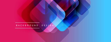 Soyut geometrik şekiller örtüşür, canlı bir gradyan arkaplan oluşturur. Pembe, mor, mavi renkler kompozisyona hakim. Modern tasarım ögesi.