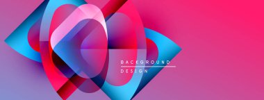 Soyut enerjik tasarım. Üst üste binen şekiller dinamik bileşim yaratır. Pembe, mavi, mor renkler görsel alana hakim. Modern estetik.