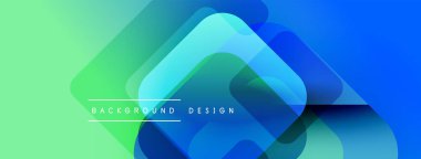 Soyut geometrik şekiller örtüşür, canlı gradyanlar yaratır. Mavi, yeşil renkler tasarıma egemen, modern estetik.