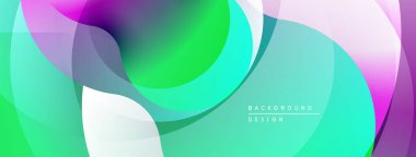 Soyut sıvı şekilleri örtüşür, canlı gradyanlar yaratır. Renkler harmanlanmış yeşil, mor, turkuaz, pembeleşme dinamik arkaplan tasarımı.