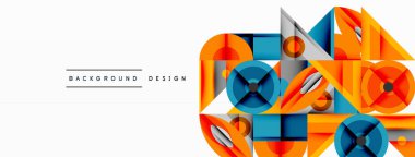 Soyut geometrik şekiller örtüşür ve canlı bir tasarım yaratır. Turuncu, mavi, beyaz renkler kompozisyona hakim. Modern vektör illüstrasyonu.