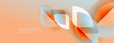 Soyut şekiller örtüşür, dinamik görsel etki yaratır. Şeftali tonları arka planda baskın, mavi aksanlı. Modern tasarım elemanları.