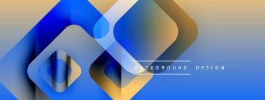 Soyut geometrik şekiller örtüşür, parlak mavi ve sarı renkler yaratır. Modern tasarım elementleri teknoloji ve yenilik öneriyor. Yumuşak geçişler bileşimi tanımlar.