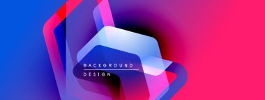 Soyut geometrik şekiller canlı mavi, pembe ve mor renkleri harmanlarlar. Modern tasarım katmanlı elementler, metin örtüsü.