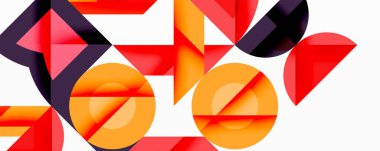 Soyut geometrik bileşim. Şekiller örtüşüyor, dinamik görsel ilgi yaratıyor. Kırmızı, turuncu, siyah beyaz arkaplan. Modern tasarım.