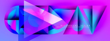 Soyut geometrik şekiller, canlı mor, mavi renkler. Modern tasarım elementleri dinamik görsel doku oluşturur. Arkaplan metin etiketlerini içerir.