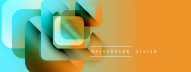 Soyut geometrik şekiller örtüşüyor, canlı renk eğimleri yaratıyor. Turuncu, turkuaz, sarı renkler kompozisyona hakim. Modern tasarım ögesi.