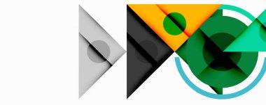 Soyut geometrik şekiller örtüşür, dinamik bileşim yaratır. Renkler arasında turuncu, yeşil, gri, siyah, beyaz sayılabilir. Minimalist tasarım.