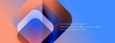 Soyut geometrik şekiller örtüşüyor, canlı renk eğimleri yaratıyor. Mavi, mor, turuncu renkler tasarımda baskın. Minimalist metin mevcut.