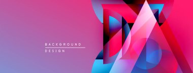 Soyut geometrik şekiller örtüşüyor, canlı renk eğimleri yaratıyor. Pembe, mavi, mor renkler tasarımda baskın. Modern estetik.