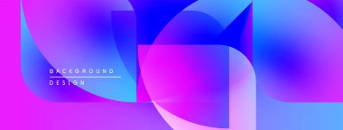 Soyut enerjik şekiller örtüşüyor, renk akışı yaratıyor. Pembe, mor, mavi renkler dizaynda baskın. Modern estetik.
