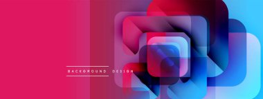 Soyut geometrik şekiller örtüşüyor, canlı renk eğimleri yaratıyor. Pembe, mor, mavi renkler dizaynda baskın. Modern estetik.