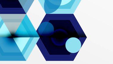 Soyut geometrik bileşim. Altıgenler, daireler derinlik oluşturur. Cool blues tasarıma hakim, modern estetiğe..