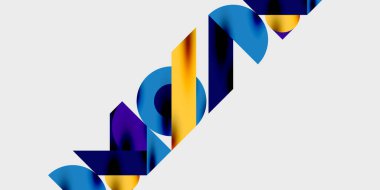 Soyut tasarım özellikleri üst üste binen renkli şekiller oluşturan harfler. Gradyan renkler beyaz arkaplana karşı dinamik görsel ilgi yaratıyor.