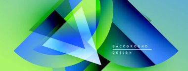 Soyut geometrik şekiller örtüşür, canlı gradyanlar yaratır. Yeşil, mavi renkler tasarıma egemen, modern estetik.