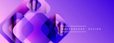 Soyut mor tasarım, üst üste binen kareler, yuvarlak dikdörtgenler. Gradyan gölgeler dinamik görsel efekt yaratır. Modern, temiz estetik.
