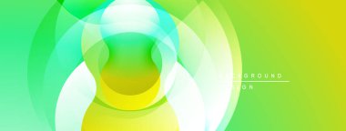 Soyut, enerjik bir arkaplan. Üst üste binen daireler dinamik görsel efekt yaratır. Yeşil, sarı, turkuaz renkler kusursuz bir şekilde harmanlanır. Modern tasarım ögesi.