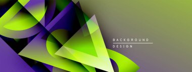 Soyut geometrik şekiller, canlı yeşiller, morlar kompozisyona hakim. Gradyan arka plan derinlik ekler, modern estetik.