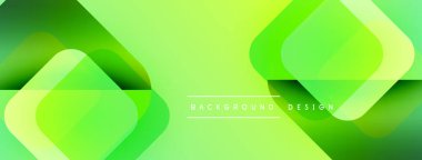 Soyut yeşil arkaplan özellikleri üst üste binen yuvarlak kareler. Gradyan gölgeler derinlik yaratır, modern estetik. Metin arkaplan tasarımı okur.