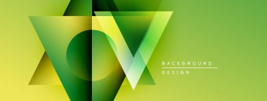 Soyut geometrik tasarım. Yeşil gradyanlar üçgen şeklinde katmanlar oluştururlar. Pankartlar ve sunumlar için modern arkaplan uygun.