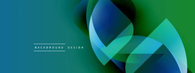 Soyut sıvı şekilleri örtüşür ve dinamik bir değişim etkisi yaratır. Mavi, yeşil renkler kompozisyona hakim. Modern tasarım ögesi.