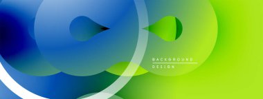 Soyut sıvı şekilleri, canlı mavi-yeşil gradyan. Modern tasarım, pürüzsüz geçişler, üst üste binen daireler dinamik bileşim oluşturur.